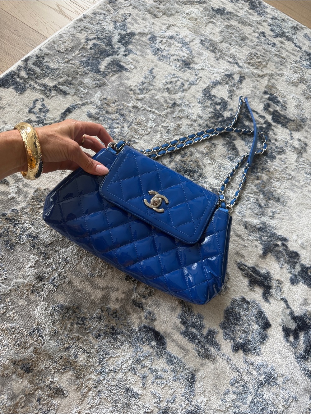 CHANEL Patent Quilted Shoulder Bag in Royal Blue with Silver Hardware